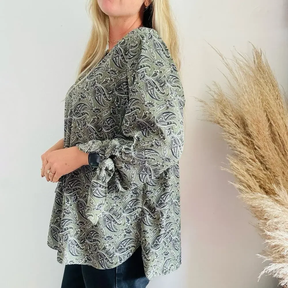 MICHAEL KORS Sage Green White Pasiley Tie Sleeve Tunic $120 Blouse Top Shirt 2X